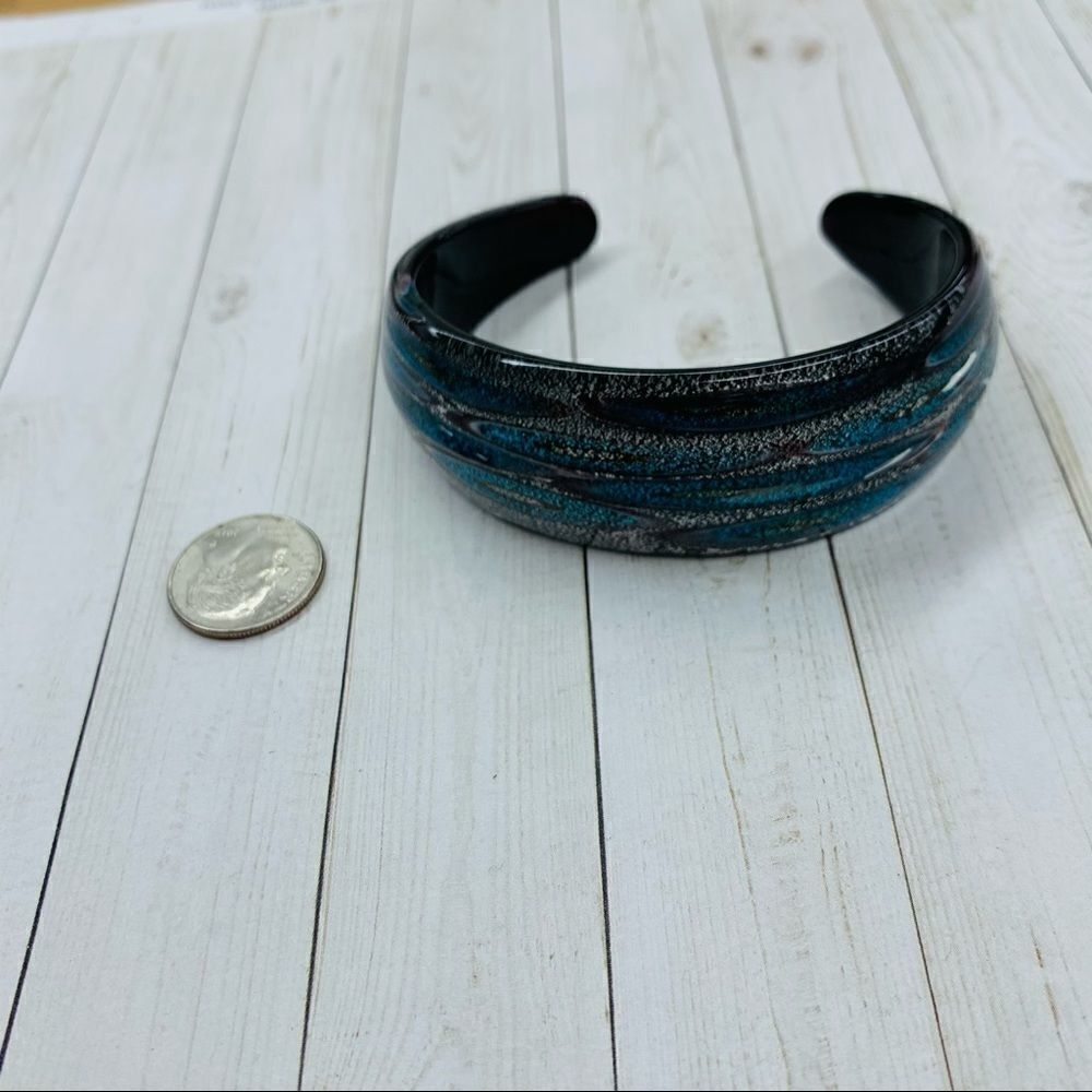 Glass Blue Black Silver Cuff Bracelet